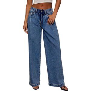 Women's Wide Leg High Waist Drawstring Jeans Stretchy Baggy Casual Pant